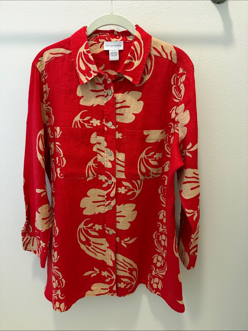 Soft Surroundings Red Floral Button-Up Lenin Shirt L